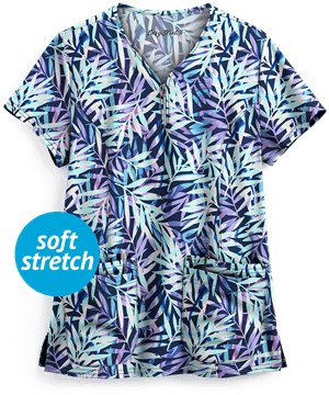 Easy STRETCH by Butter-Soft™ Falling Fronds Navy Women's 4-Pocket Zipper Neck Print Scrub Top