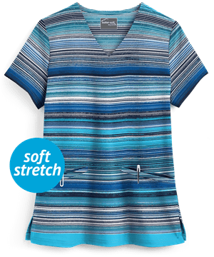 UA Butter-Soft STRETCH Artistic Stripes Navy Women's 2-Pocket V-Neck Print Scrub Top