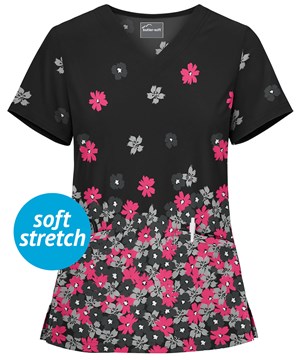 UA Butter-Soft Botanical Cascade Black Printed Women's 2-Pocket V-Neck Scrub Top