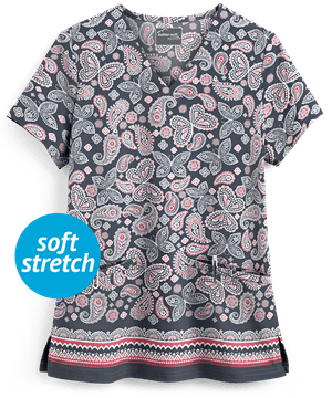 Butter-Soft Garden Paisley Pewter Women's 2-Pocket V-Neck Print Scrub Top