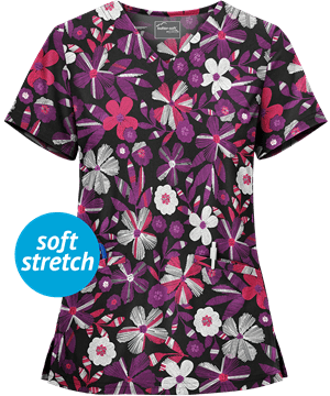 UA Butter-Soft STRETCH Linear Floral Deep Women's 2-Pocket V-Neck Print Scrub Top