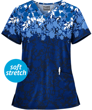 Butter-Soft Floral Shadows Navy Women's 2-Pocket V-Neck Print Scrub Top