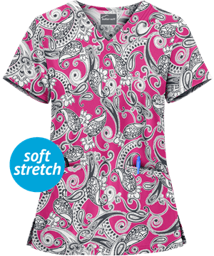 Butter-Soft Persian Paisley Raspberry Rose Women's 2-Pocket V-Neck Print Scrub Top