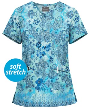 UA Butter-Soft Paisley Extravaganza Turquoise Women's 2-Pocket V-Neck Print Scrub Top