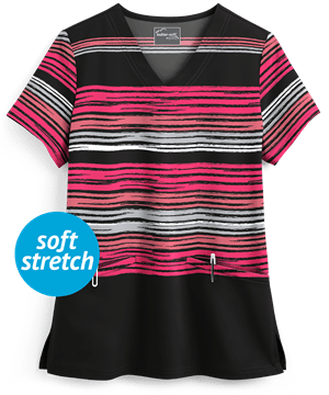 Butter-Soft Striped in Color Black Printed Women's 2-Pocket V-Neck Scrub Top