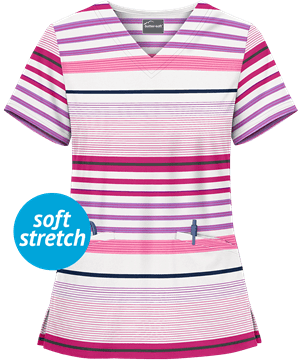 Butter-Soft Stripe Me White Printed Women's 2-Pocket V-Neck Scrub Top