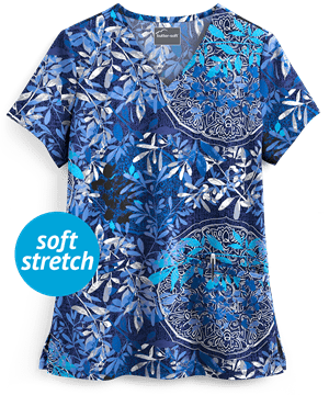 Butter-Soft Watercolor Tapestry Navy Women's 2-Pocket V-Neck Print Scrub Top