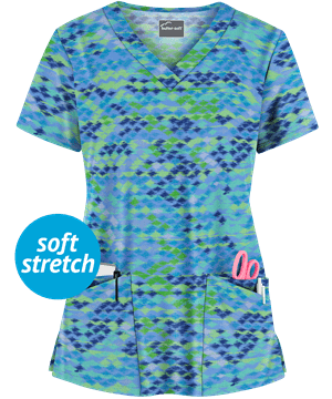 Butter-Soft Antik Ikat Ceil Women's 4-Pocket Rounded V-Neck Print Scrub Top