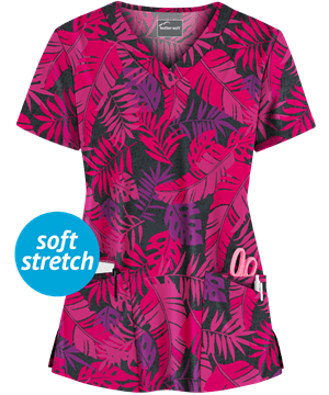 Butter-Soft Botanical Fronds Black Printed Women's 4-Pocket Rounded V-Neck Scrub Top
