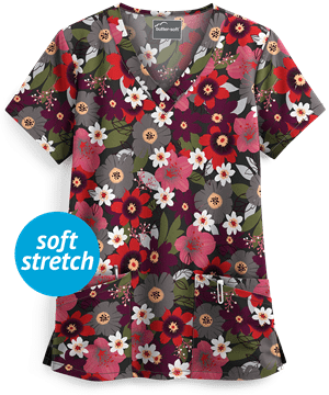 Butter-Soft Botanical Garden Black Printed Women's 4-Pocket V-Neck Scrub Top