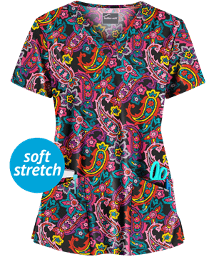 Butter-Soft Pop of Paisley Berry Burst Women's 4-Pocket Rounded V-Neck Print Scrub Top