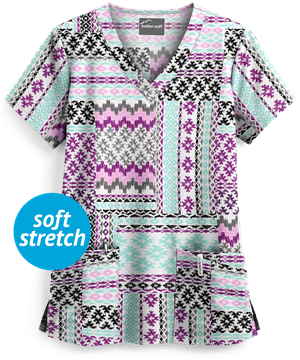 Butter-Soft Boho Patchwork White Printed Women's 4-Pocket V-Neck Scrub Top