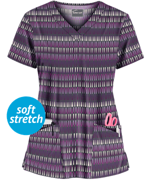 Butter-Soft Dripped in Geo Pewter Women's 4-Pocket Rounded V-Neck Print Scrub Top