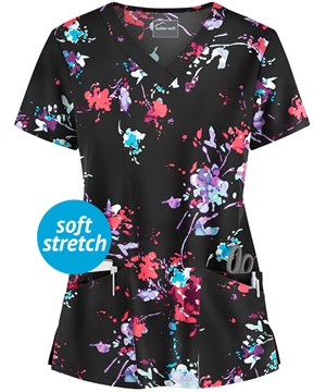 Butter-Soft Floral Splash Black Printed Women's 4-Pocket Rounded V-Neck Scrub Top