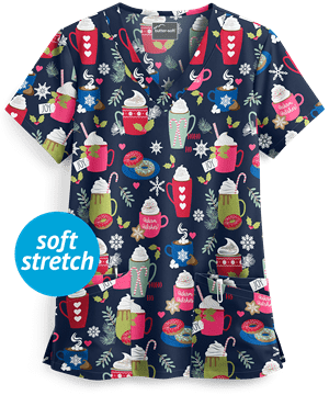 Butter-Soft Holiday Coco Navy Women's 4-Pocket Rounded V-Neck Print Scrub Top