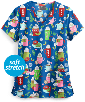 Butter-Soft Holiday Coco Royal Women's 4-Pocket Rounded V-Neck Print Scrub Top