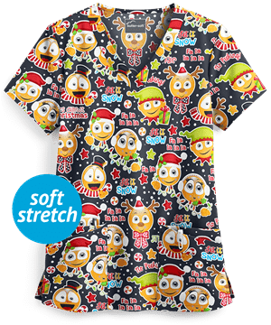 Butter-Soft Holiday Emoji Pewter Women's 4-Pocket Rounded V-Neck Print Scrub Top