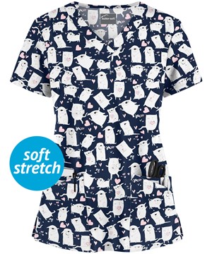 Butter-Soft Lovable Pets Navy Women's 4-Pocket Rounded V-Neck Print Scrub Top