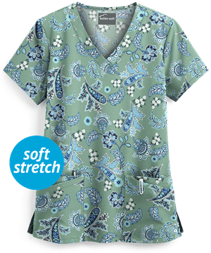 Butter-Soft Paisley Tapestry Juniper Breeze Women's 4-Pocket Rounded V-Neck Print Scrub Top