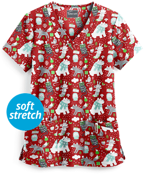 Butter-Soft Winter Pals Red Women's 4-Pocket Rounded V-Neck Print Scrub Top