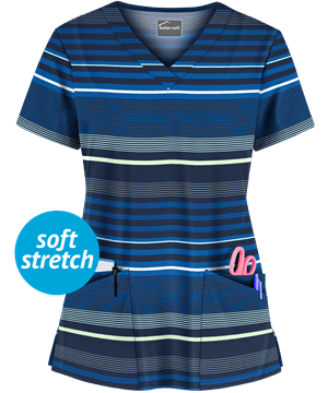Butter-Soft Stripe Me Navy Women's 4-Pocket Rounded V-Neck Print Scrub Top