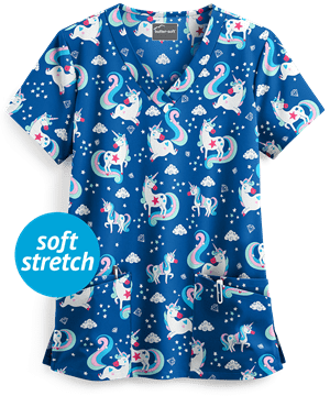 Butter-Soft Unicorn Dance Royal Women's 4-Pocket Rounded V-Neck Print Scrub Top