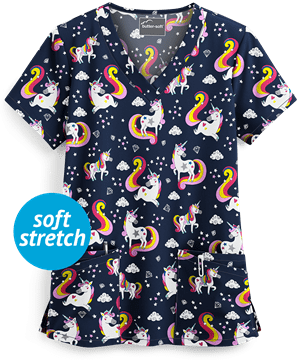 Butter-Soft Unicorn Dance Navy Women's 4-Pocket Rounded V-Neck Print Scrub Top