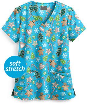 Butter-Soft Winter Treats Turquoise Women's 4-Pocket Rounded V-Neck Print Scrub Top