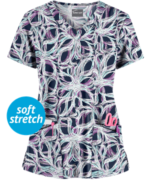 Butter-Soft Whispering Vines Navy Women's 4-Pocket Rounded V-Neck Print Scrub Top