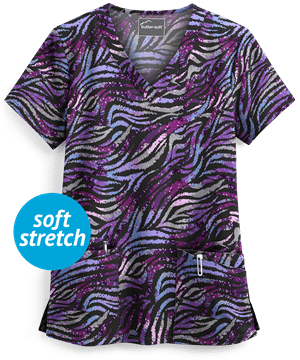 Butter-Soft Watercolor Zebra Black Printed Women's 4-Pocket V-Neck Scrub Top