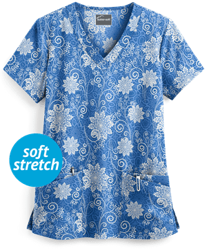 Butter-Soft Winter Breeze Ceil Women's 4-Pocket Rounded V-Neck Print Scrub Top