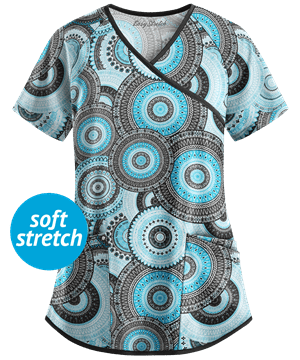 Easy STRETCH by Butter-Soft™ Mandala Women's 4-Pocket Crossover Front Print Scrub Top