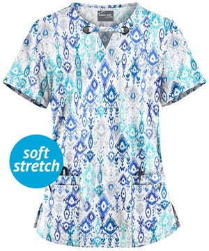 UA Butter-Soft STRETCH Cascading Ikat Amparo Blue Women's 4-Pocket Large Grommet Print Scrub Top