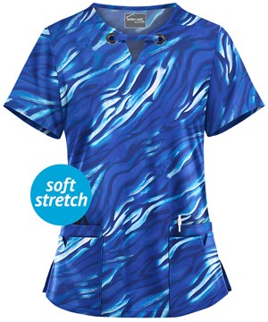UA Butter-Soft STRETCH Wild Striped Amparo Blue Women's 4-Pocket Large Grommet Print Scrub Top