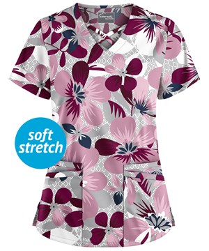 UA Butter-Soft STRETCH Bora Bora Wine Women's 4-Pocket Criss Cross Print Scrub Top