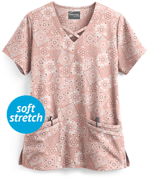 UA Butter-Soft STRETCH Bandana Paisley Pale Mauve Women's 4-Pocket Criss Cross Print Scrub Top