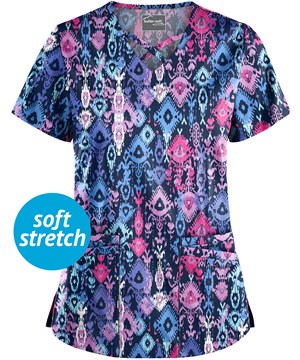 UA Butter-Soft STRETCH Cascading Ikat Rosebud Women's 4-Pocket Criss Cross Print Scrub Top