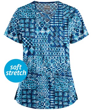 UA Butter-Soft STRETCH Dondo Patchwork Navy Women's 4-Pocket Criss Cross Print Scrub Top