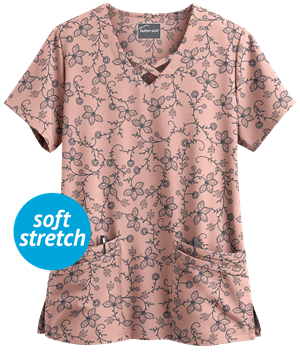 UA Butter-Soft STRETCH Floral Vines Pale Mauve Women's 4-Pocket Criss Cross Print Scrub Top