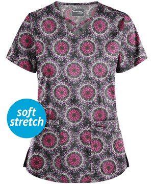UA Butter-Soft STRETCH Splash of Geo Pewter Women's 4-Pocket Criss Cross Print Scrub Top