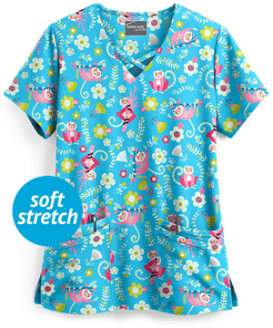 UA Butter-Soft STRETCH Lemur Love Turquoise Women's 4-Pocket Criss Cross Print Scrub Top