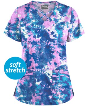 UA Butter-Soft STRETCH Watercolor Splash Orchid Women's 4-Pocket Criss Cross Print Scrub Top