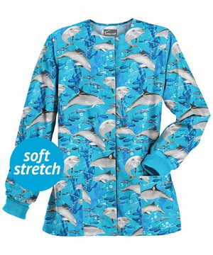Butter-Soft Bahama Bay Turquoise Women's 2-Pocket Warm Up Print Scrub Jacket