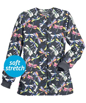 Butter-Soft Dragonfly Garden Pewter Women's 2-Pocket Warm Up Print Scrub Jacket