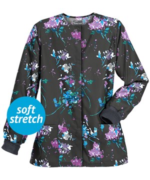 Butter-Soft Floral Splash Pewter Women's 2-Pocket Warm Up Print Scrub Jacket