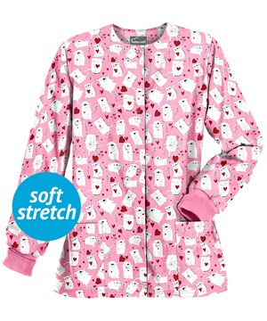 Butter-Soft Lovable Pets Ballet Pink Women's 2-Pocket Warm Up Print Scrub Jacket