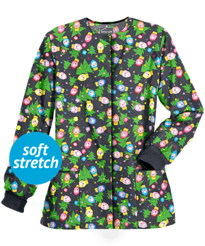 Butter-Soft Pewter Holiday Lights Women's 2-Pocket Warm Up Print Scrub Jacket