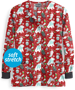 Butter-Soft Winter Pals Red Women's 2-Pocket Warm Up Print Scrub Jacket