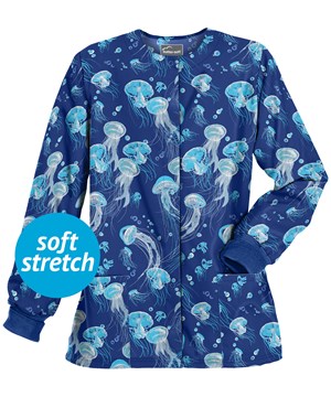 Butter-Soft Serene Waters Galaxy Blue Women's 2-Pocket Warm Up Print Scrub Jacket