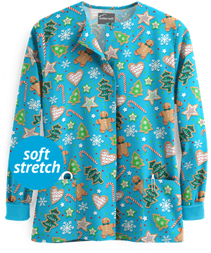 Butter-Soft Winter Treats Turquoise Women's 2-Pocket Warm Up Print Scrub Jacket